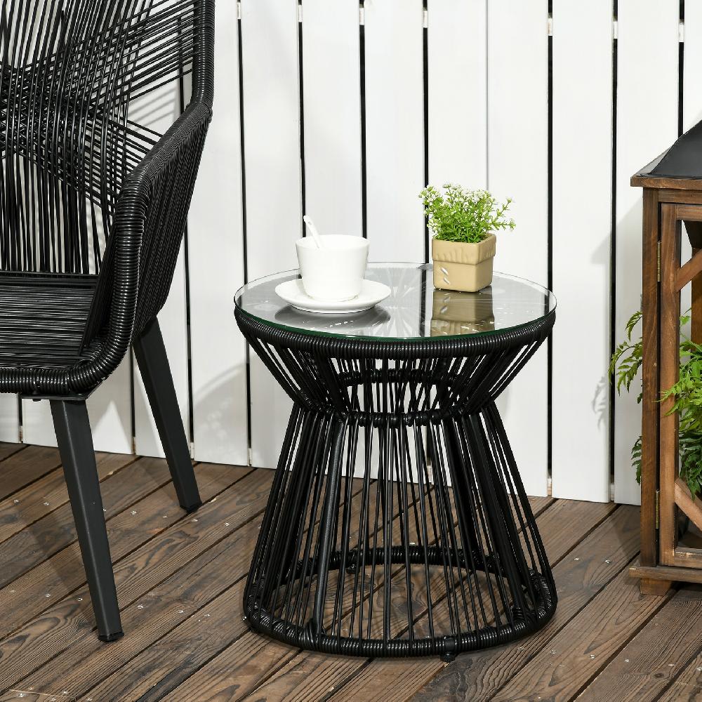 Mesa De Ratán Outsunny PE Vidrio Templado Negro 40x40x42 Cm 867-119V00BK