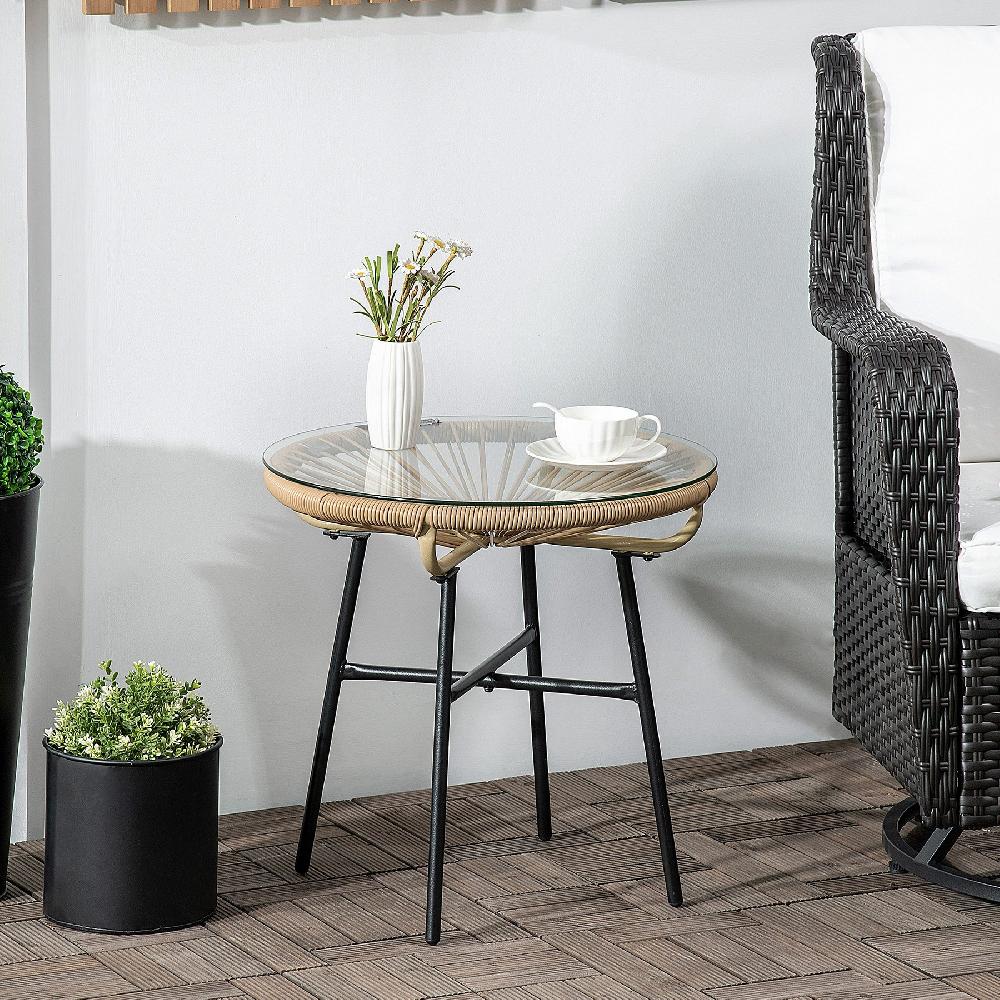 Mesa De Ratán OUTSUNNY Ratán De PE Vidrio Templado Metal Beige 50x50x50 Cm 867-118V00BG