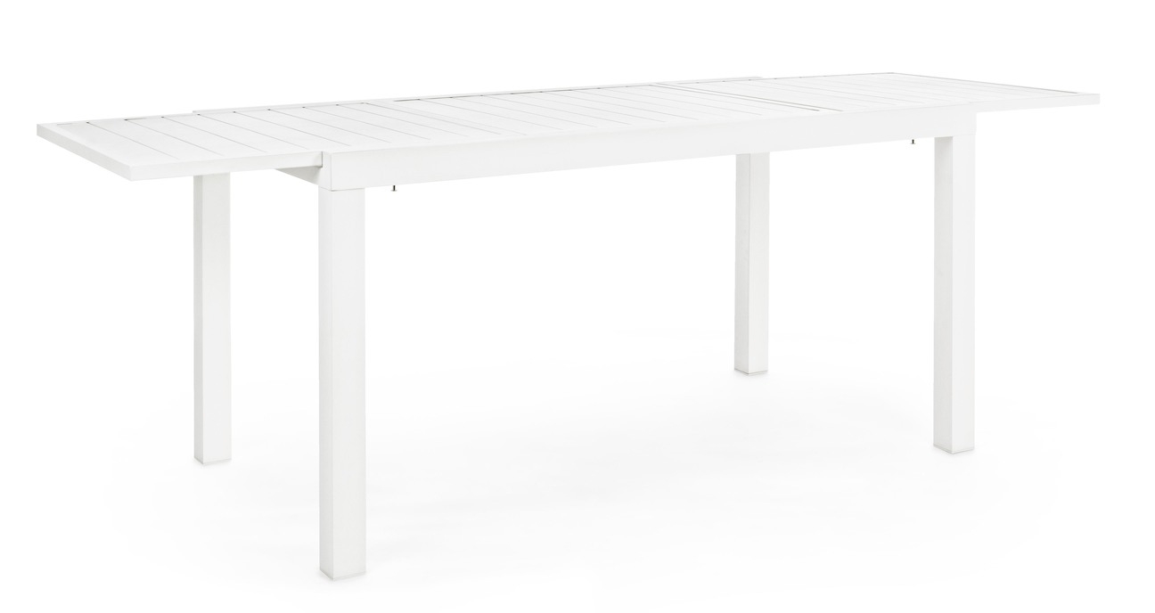 Mesa extensible blanca "Hilde" 140-210X77 de listones de aluminio para uso exterior en jardín y terraza