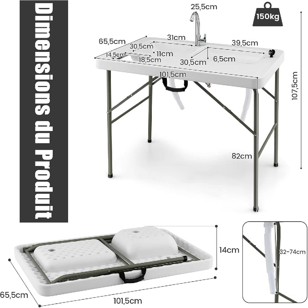 Mesa Plegable Camping Multifuncional Con 2 Fregaderos Grifo Giratorio 360° Soporte Para Basura Fregadero Portátil Para Acampada Pesca Barbacoa