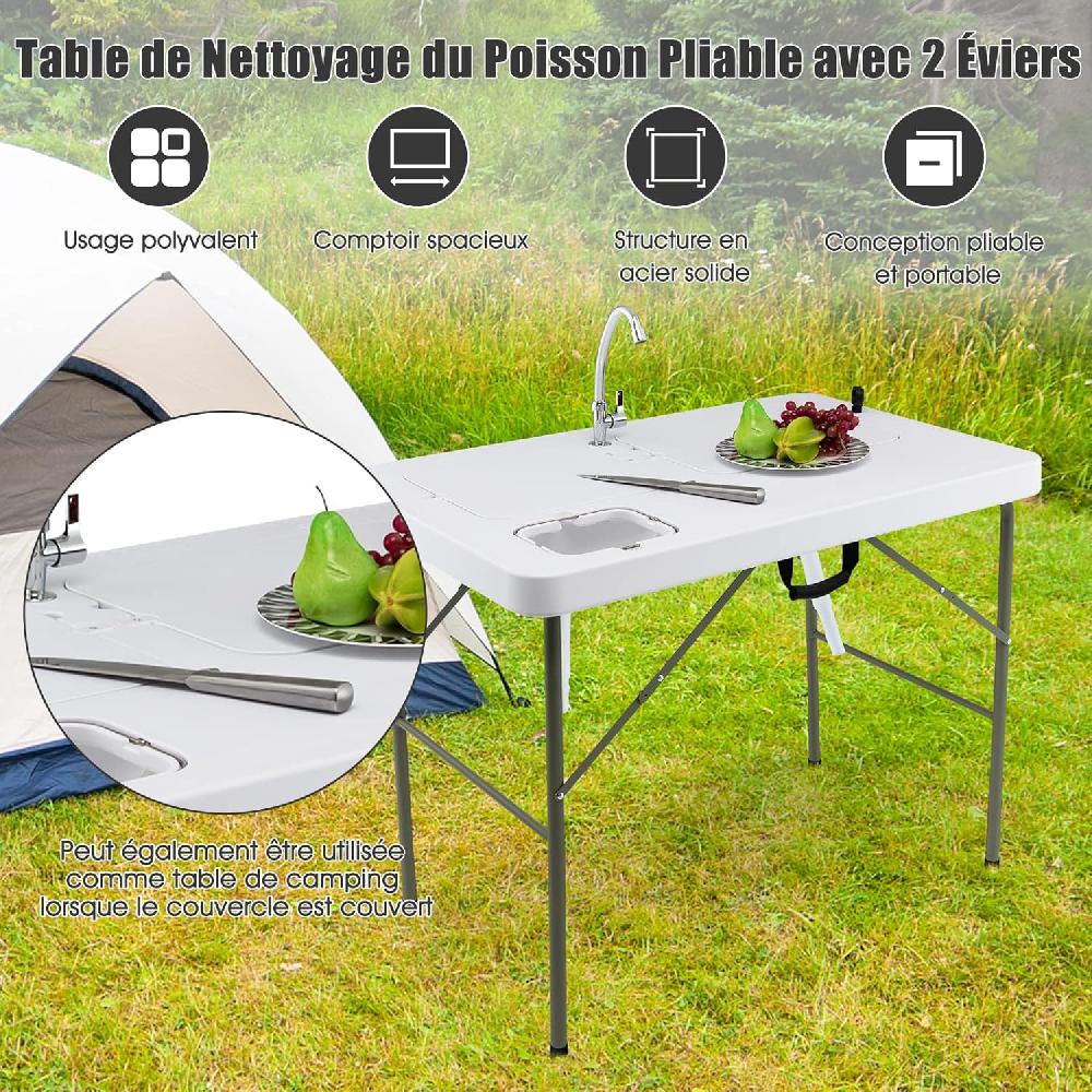Mesa Plegable Camping Multifuncional Con 2 Fregaderos Grifo Giratorio 360° Soporte Para Basura Fregadero Portátil Para Acampada Pesca Barbacoa