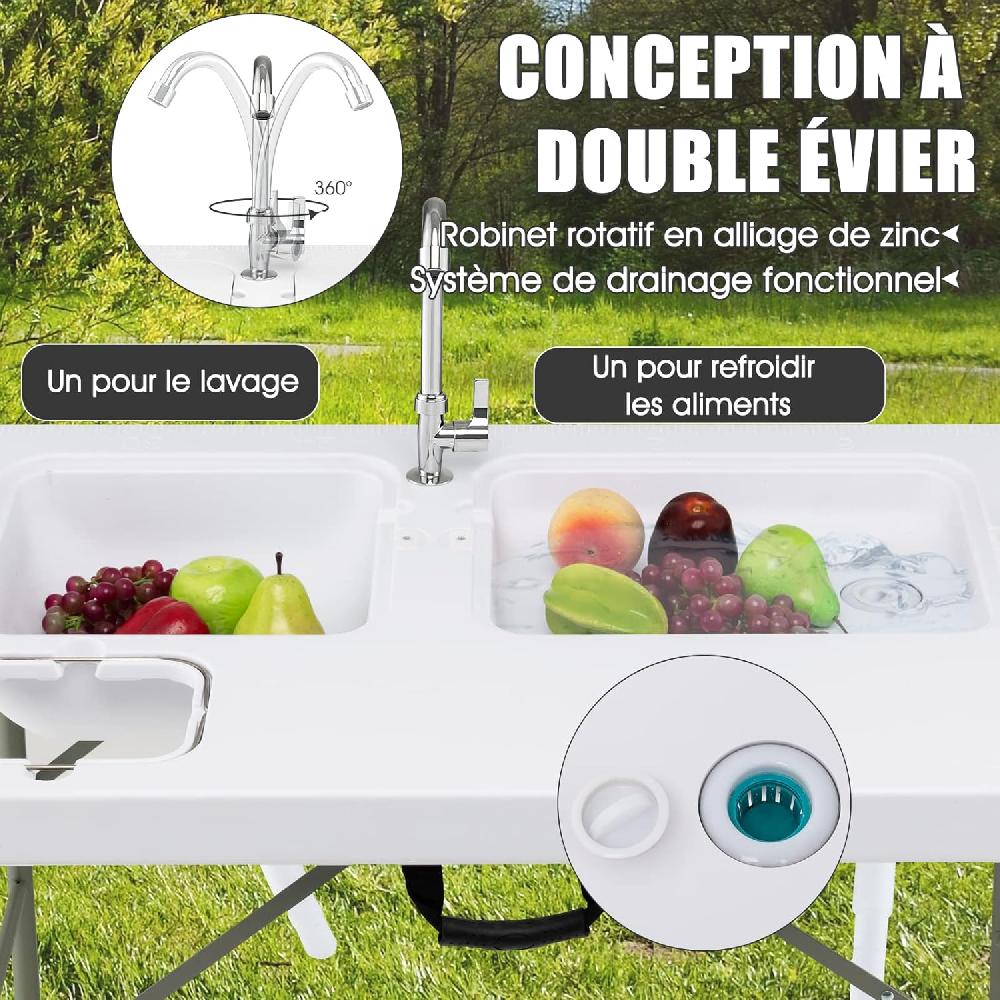 Mesa Plegable Camping Multifuncional Con 2 Fregaderos Grifo Giratorio 360° Soporte Para Basura Fregadero Portátil Para Acampada Pesca Barbacoa