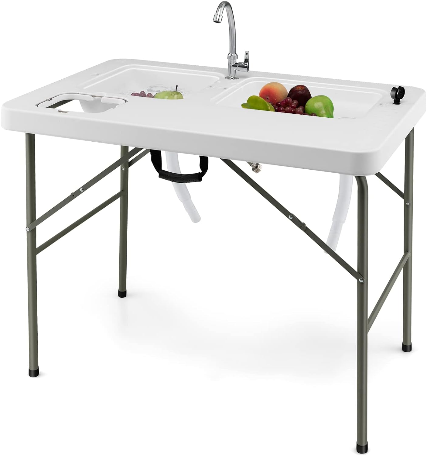 Mesa Plegable Camping Multifuncional con 2 Fregaderos Grifo Giratorio 360° Soporte para Basura Fregadero Portátil para Acampada Pesca Barbacoa