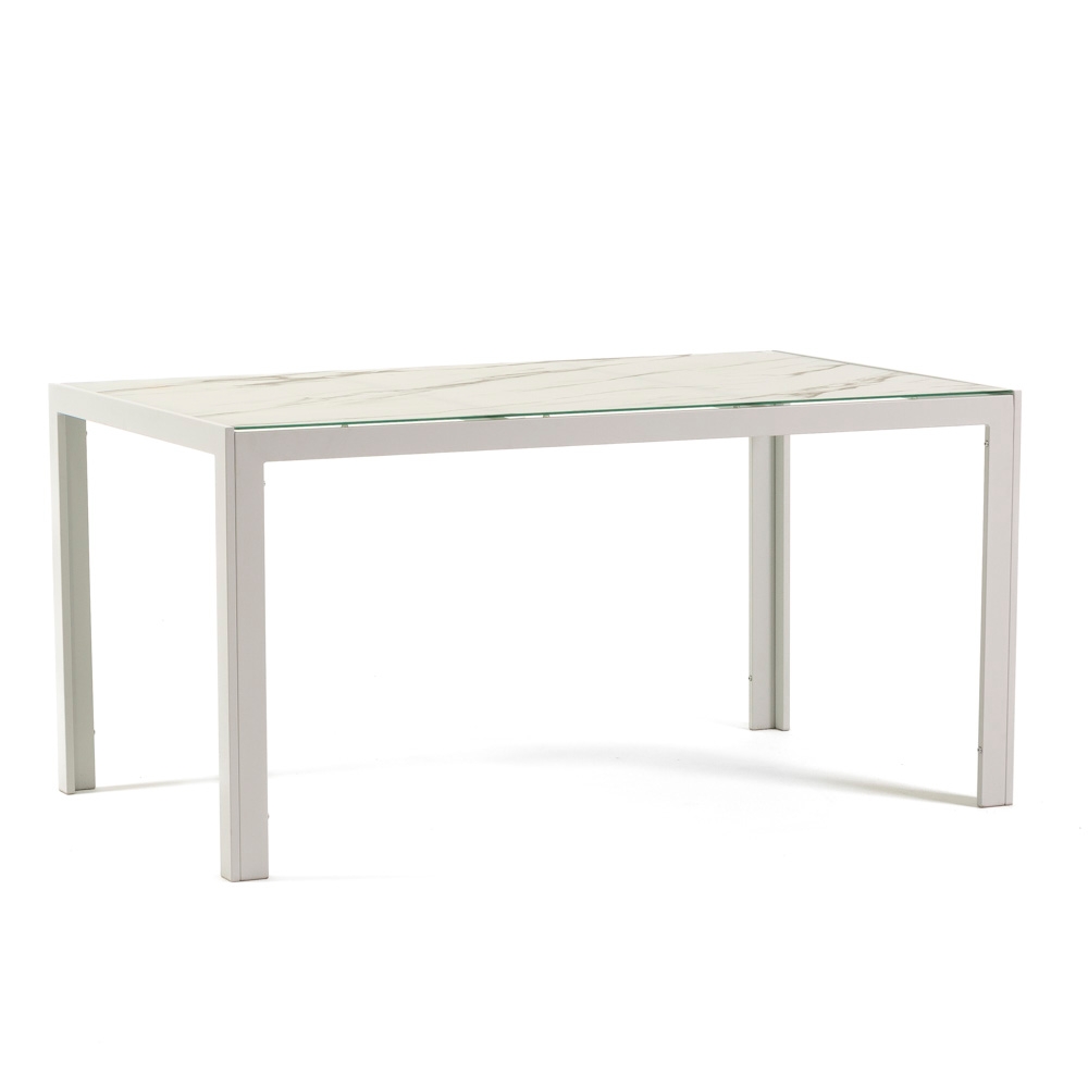 Mesa rectangular 150x90 cm fija con estructura de aluminio y tablero de vidrio decorado Milo para interior/exterior mármol blanco/blanco