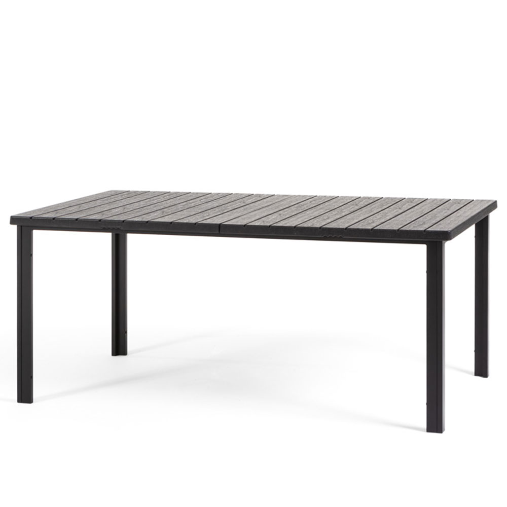 Mesa rectangular fija 180x90 cm para exterior/jardín en acero pintado con tablero de lamas en polietileno efecto madera Thomas antracita