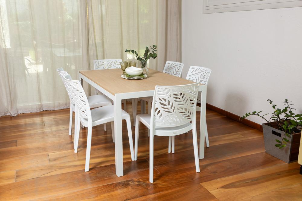 Mesa Rectangular Fija De 150x90 Cm Con Estructura De Aluminio Y Tapa De Vidrio Decorado Milo Para Interior/exterior Madera/blanco