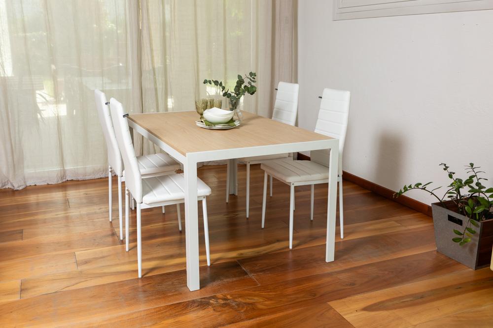 Mesa Rectangular Fija De 150x90 Cm Con Estructura De Aluminio Y Tapa De Vidrio Decorado Milo Para Interior/exterior Madera/blanco