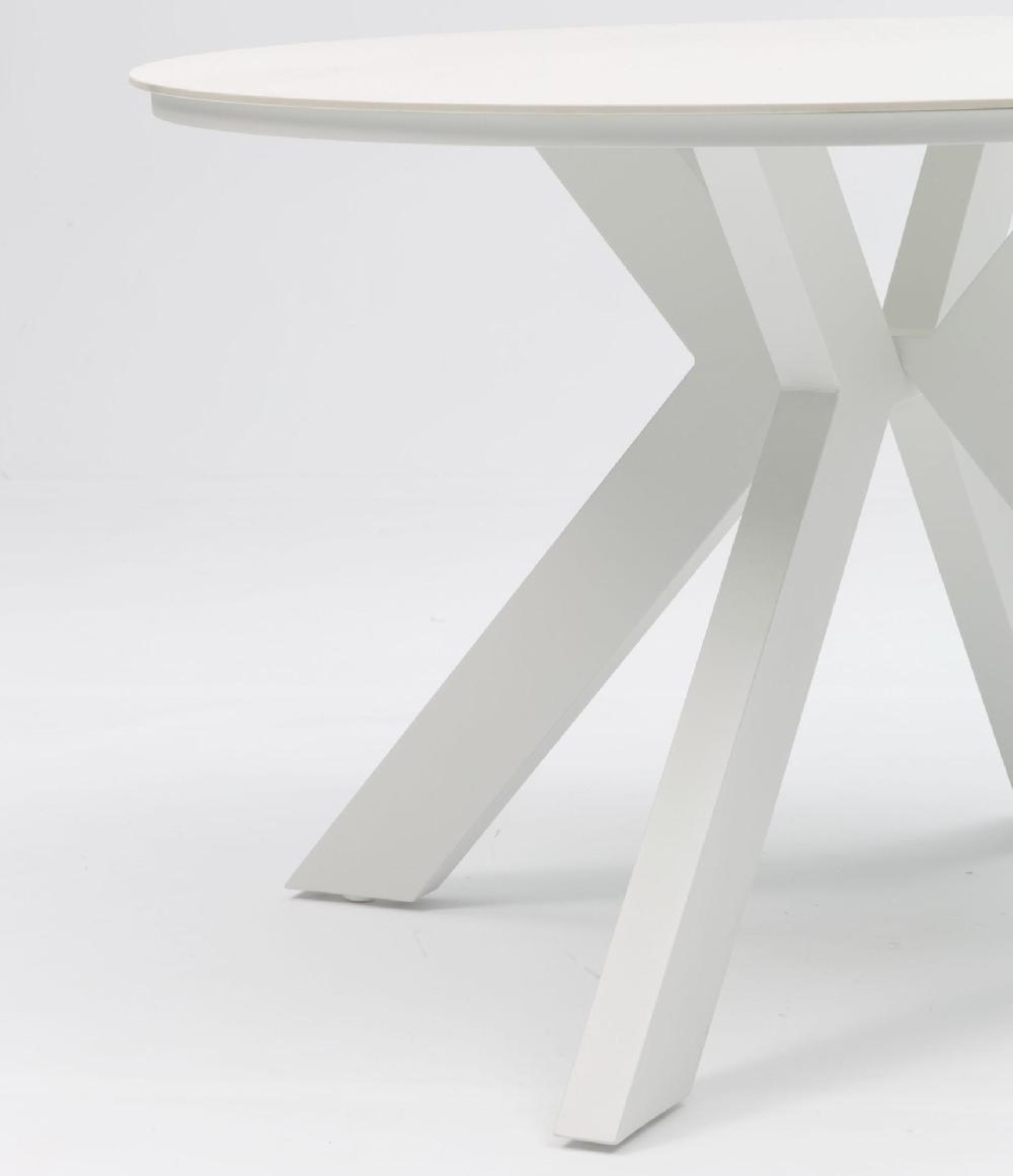 Mesa Redonda Bais Diam.120x75cm Exterior Y Jardín De Aluminio Blanco Y Top Mesa Porcelánico Beige