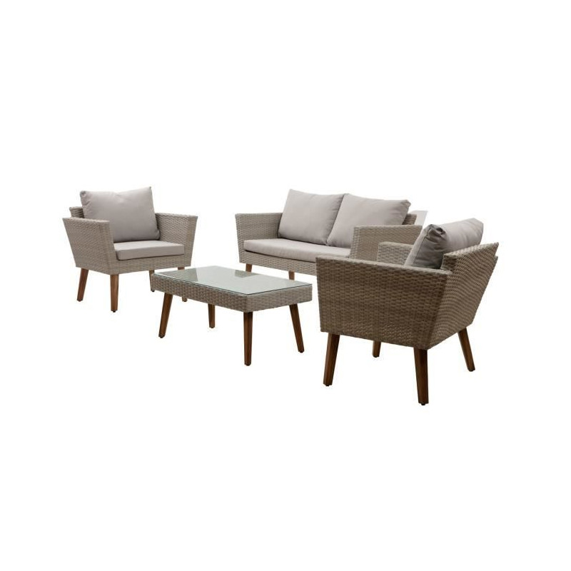 Mobiliario De Jardín De Resina Trenzada Y Patas De Madera De Acacia Con Cojines 4 Personas MIRA Gris