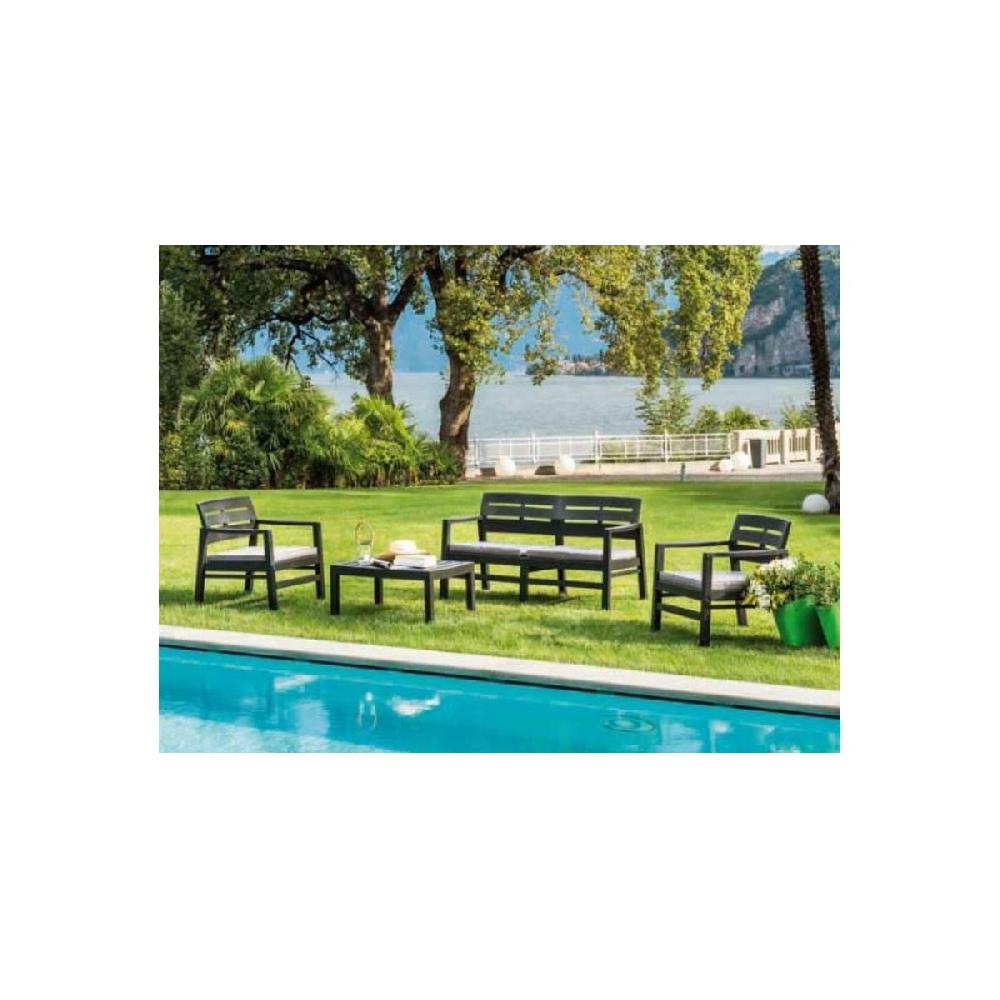 Mueble De Jardín 4 Piezas Sofá 2 Plazas Antracita + 2 Sillones + Mesa De Centro + 3 Cojines Crudo KZ GARDEN