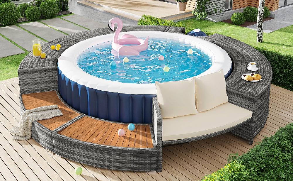 Muebles De Jardín Con Sofá Redondo De Resina Trenzada - Espacio De Almacenaje - Gris (piscina No Incluida)