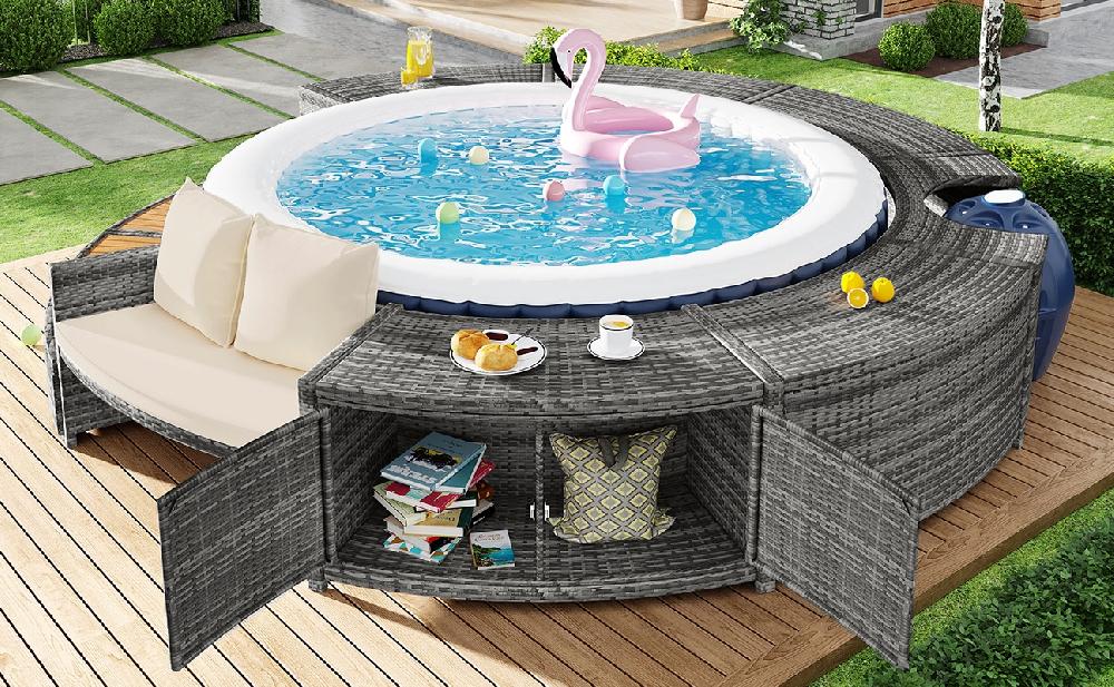 Muebles De Jardín Con Sofá Redondo De Resina Trenzada - Espacio De Almacenaje - Gris (piscina No Incluida)