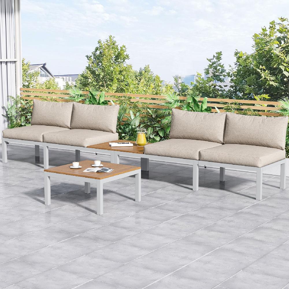 Muebles De Jardín Modulares En Madera De Acacia: 1 Sofá De Esquina + 2 Mesas Auxiliares + 1 Mesa De Centro - Beige + Marrón