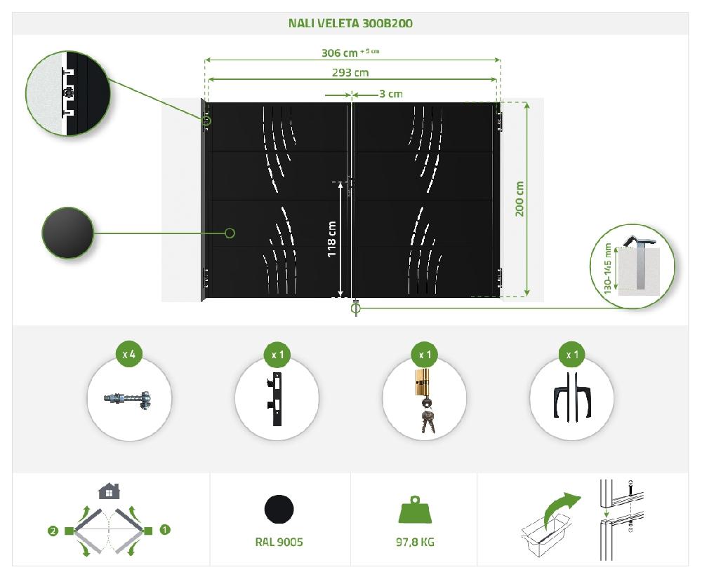 NALI Pack Puerta Batiente VELETA 3x2m + Puerta Al.200cm Negro