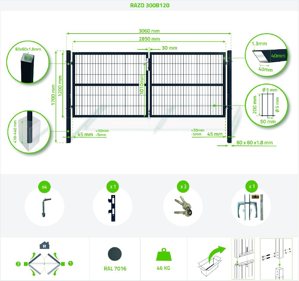 Pack Cancela Batiente De Malla RAZO 300B120 + Cancela 1m GRIS