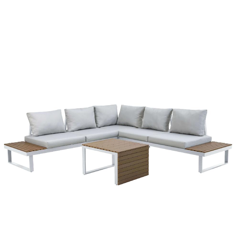 Pack Conjunto Muebles De Exterior Aluminio Gandía - Blanco Y Madera Claro