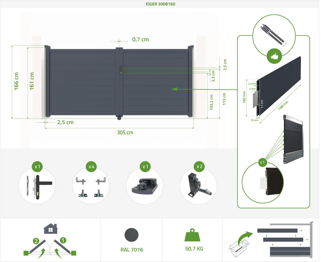 Pack Portón Eléctrico Batiente EIGER 300B160 + Motor RANGER B150