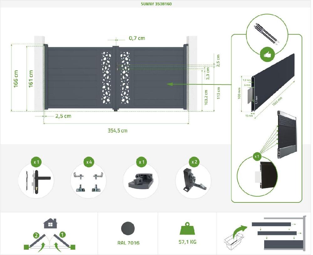 Pack Portón Eléctrico Batiente SUNNY 350B160 + Motor RANGER B150