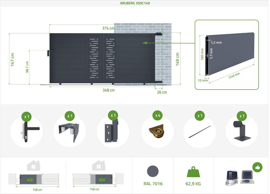 Pack Portón Eléctrico Corredero 3 5m ARLBERG 350C140 + Motor RANGER C300