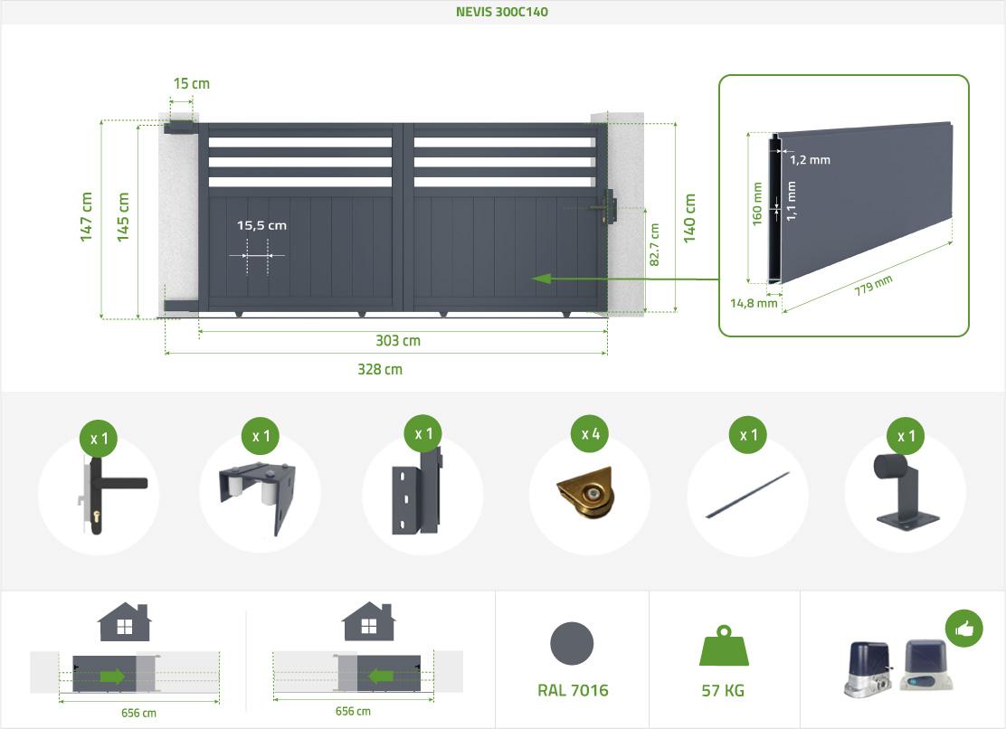 Pack Portón Eléctrico Corredero 3m NEVIS 300C140 + Motor RANGER C300