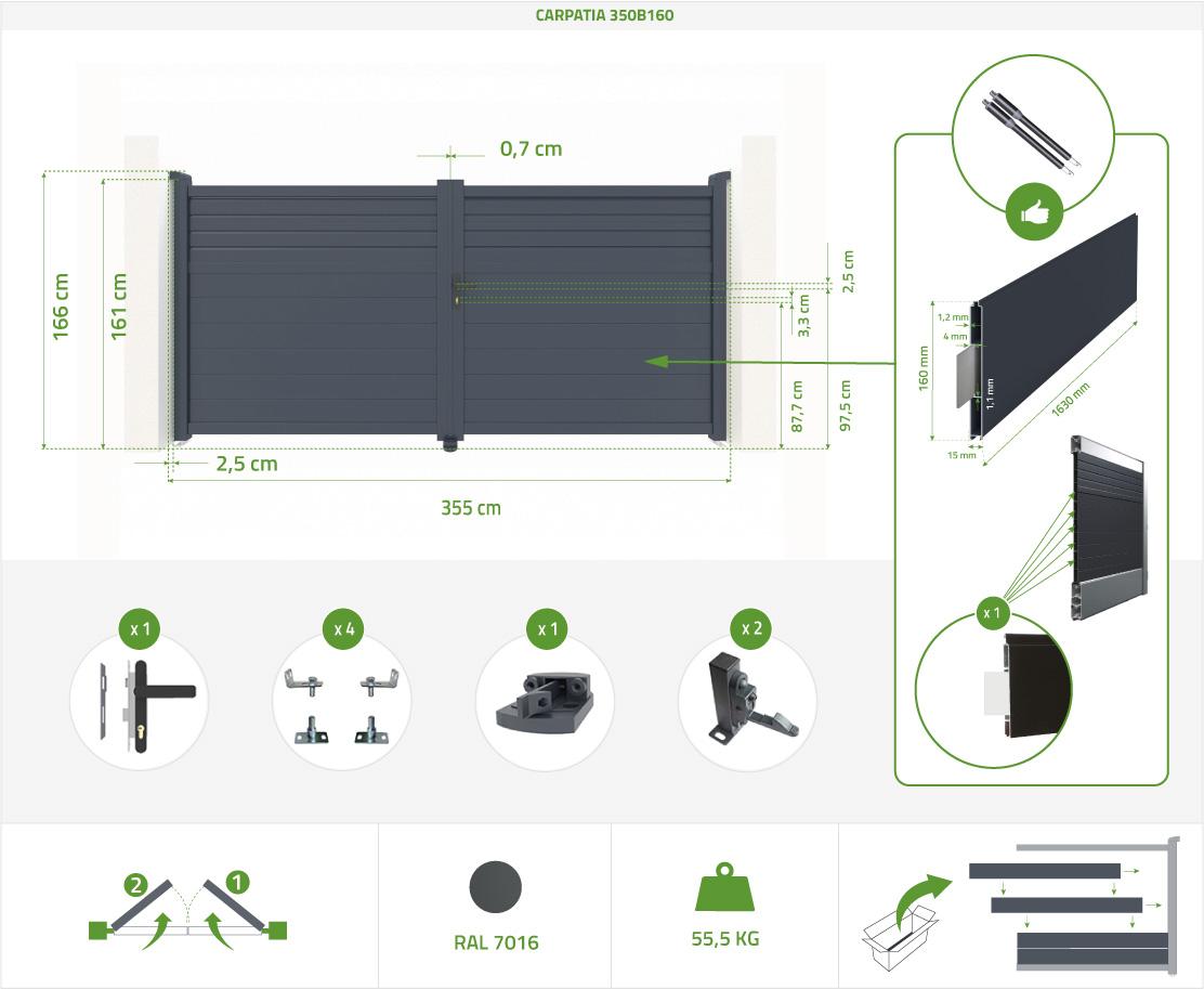 Pack Puerta Batiente 3 5m CARPATIA 350B160 + 2 Postes H.190cm