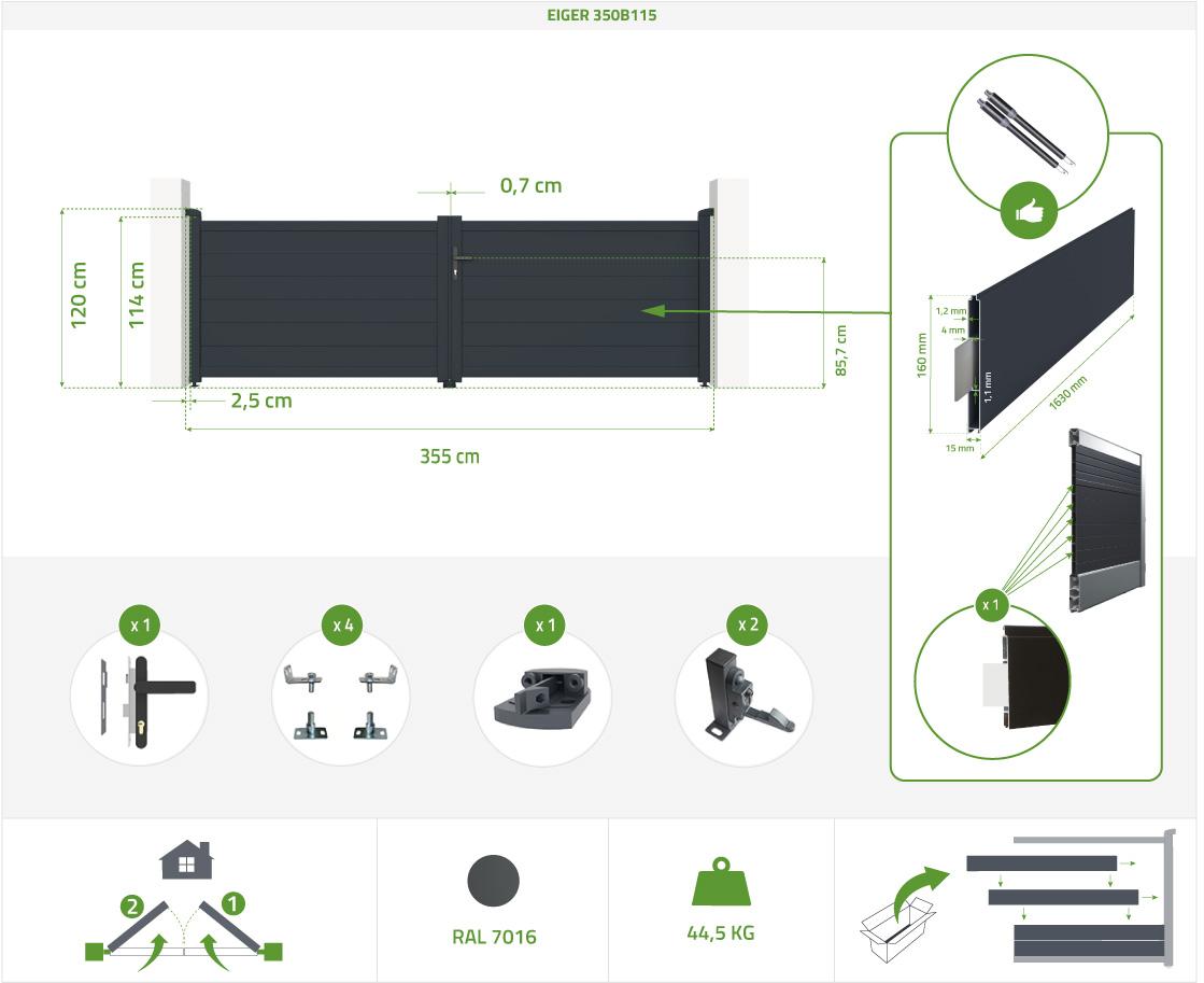 Pack Puerta Batiente 3 5m Gris EIGER 350B115 + 2 Postes