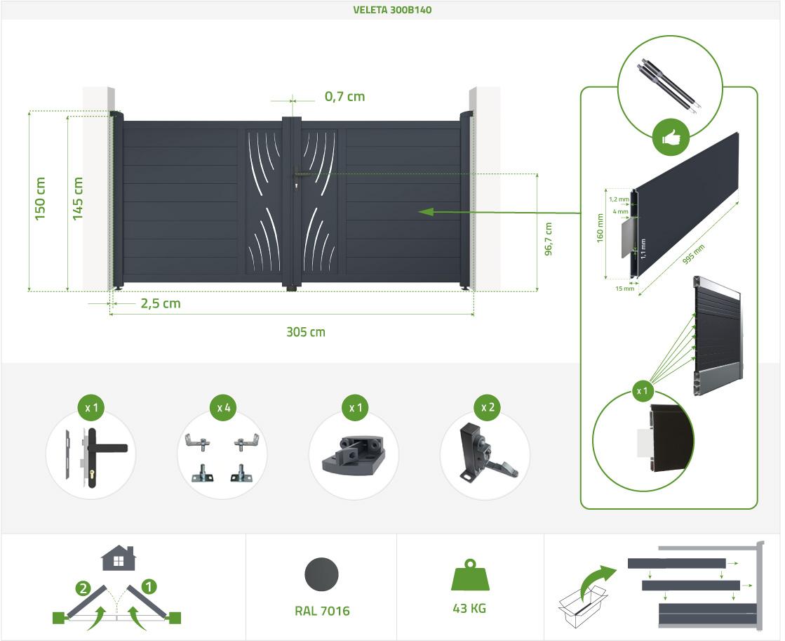 Pack Puerta Batiente 3m VELETA 300B140 + 2 Postes