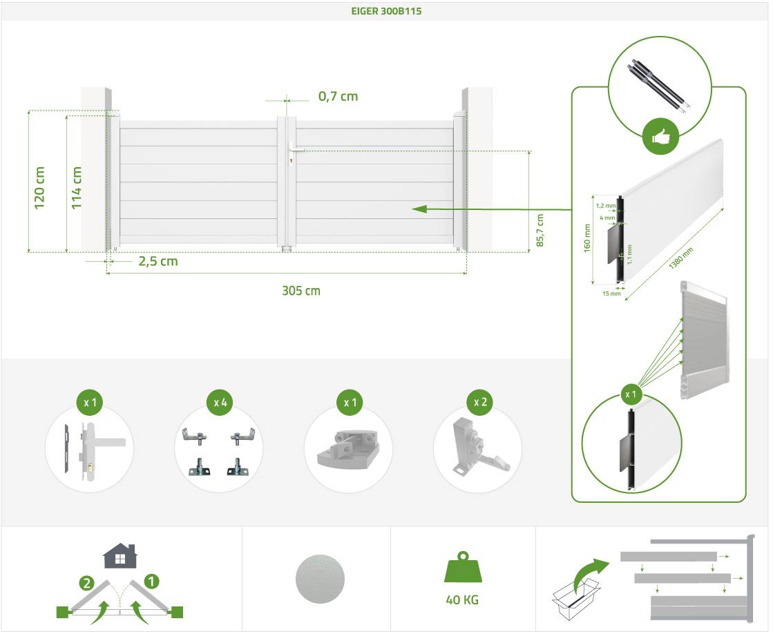 Pack Puerta Batiente EIGER 300B115 + Puerta Peatonal EIGER 100P115 Blanco