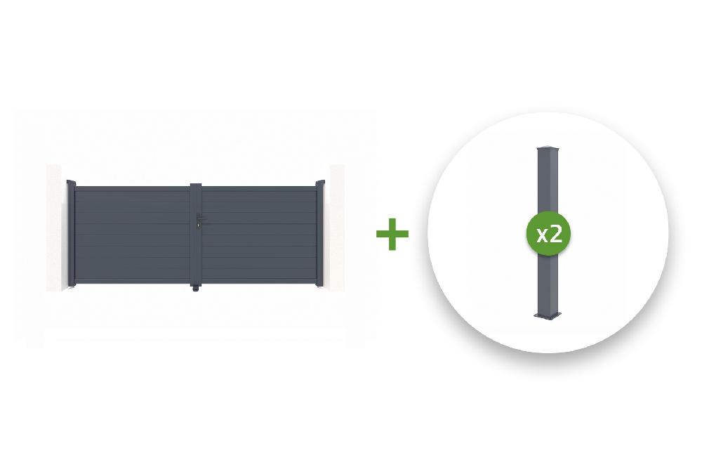 Pack puerta batiente EIGER 350B140 + 2 postes aluminio H. 166cm Gris