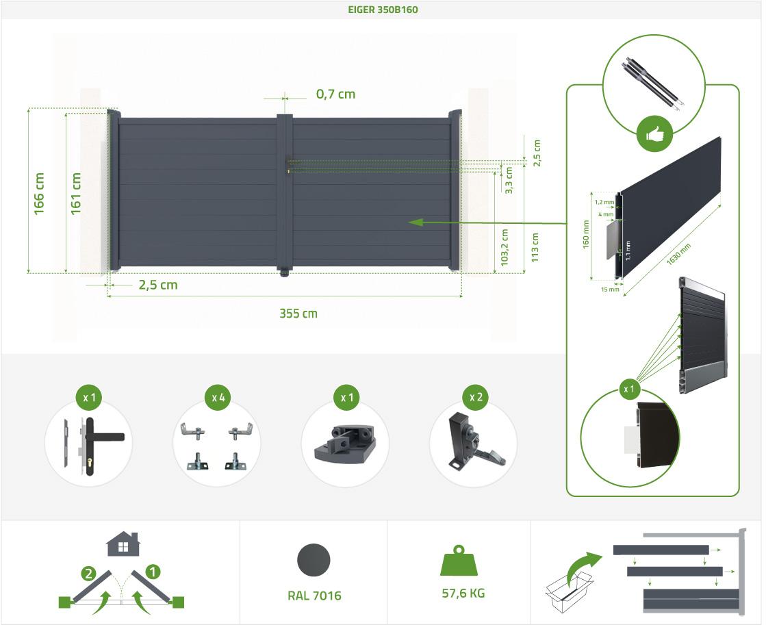 Pack Puerta Batiente EIGER 350B160 + Puerta Peatonal EIGER 100P160 Gris