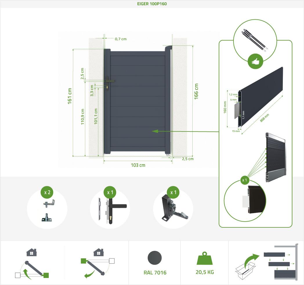 Pack Puerta Batiente EIGER 350B160 + Puerta Peatonal EIGER 100P160 Gris