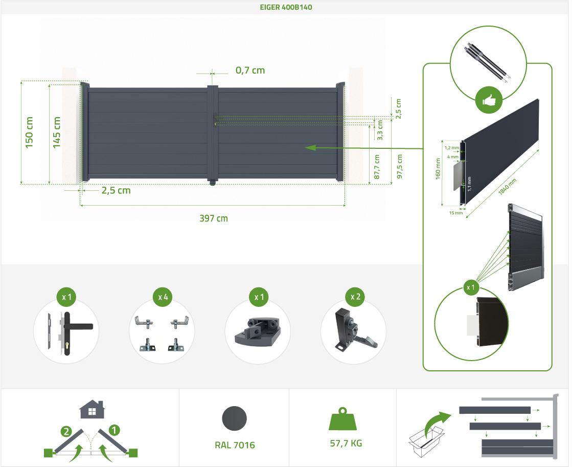 Pack Puerta Batiente EIGER 400B140 + 2 Postes De Aluminio H. 166cm Gris