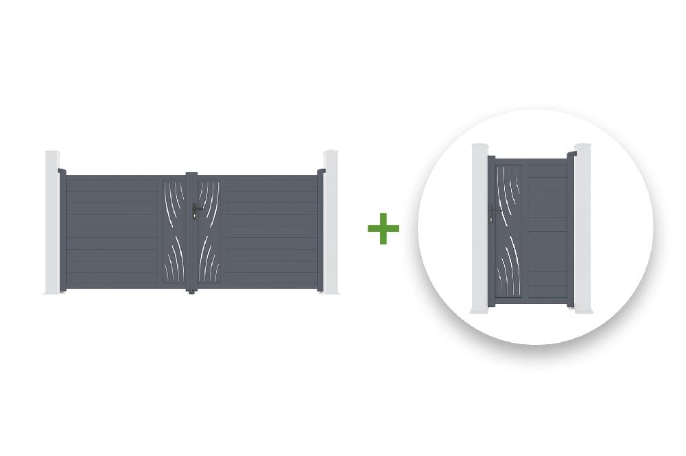 Pack puerta batiente VELETA 300B160 + Puerta peatonal VELETA 100P160 Gris