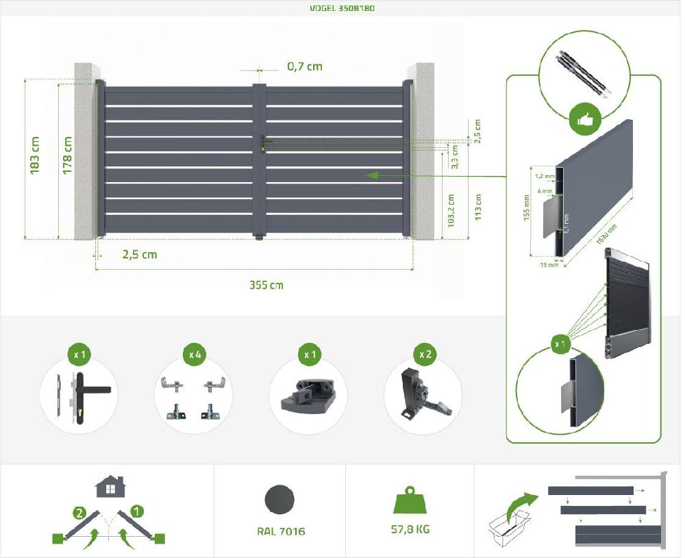 Pack puerta batiente VOGEL 350B180 + 2 postes de aluminio H. 190cm Gris