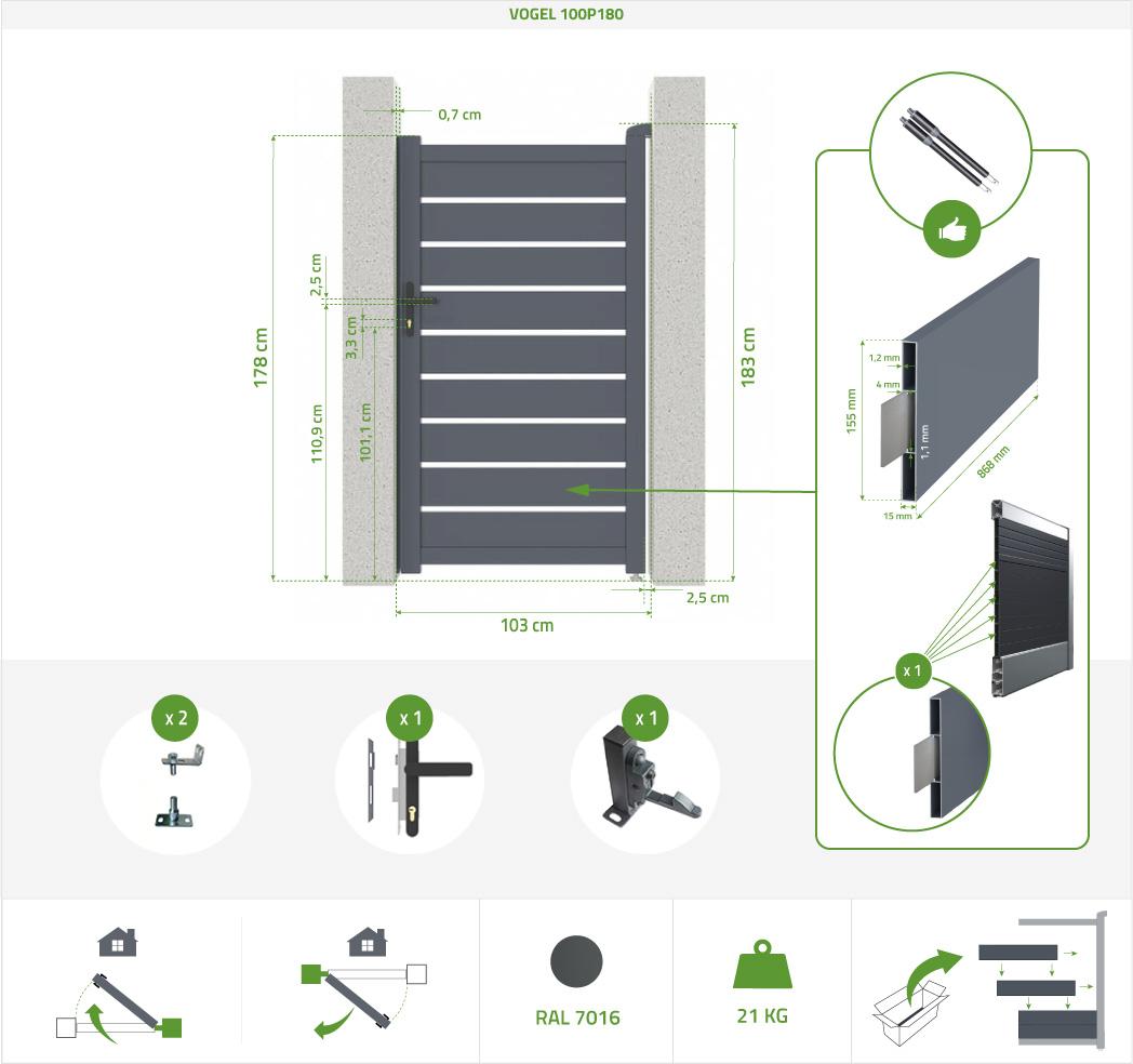 Pack Puerta Corredera 3.5m VOGEL 350C180 + Puerta Peatonal VOGEL 100P180 Gris