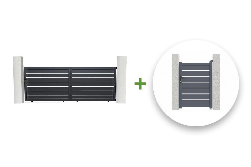 Pack puerta corredera 4m VOGEL 400C140 + puerta peatonal VOGEL 100P140 Gris