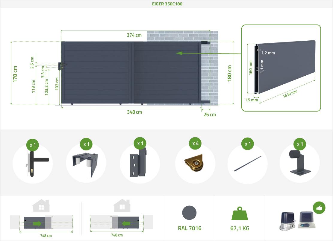 Pack Puerta Corredera Automática 3.5m EIGER 350C180 + Motor TANKER C600