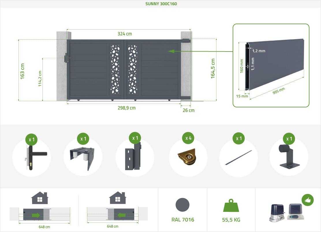 Pack Puerta Corredera Automática 3m SUNNY 300C160 + Motor RANGER C300