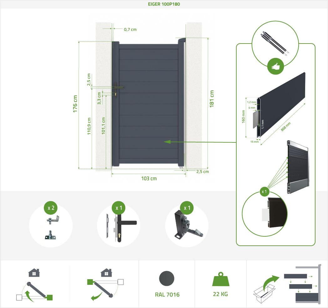 Pack Puerta Peatonal EIGER 100P180 + 2 Postes H.190cm Gris