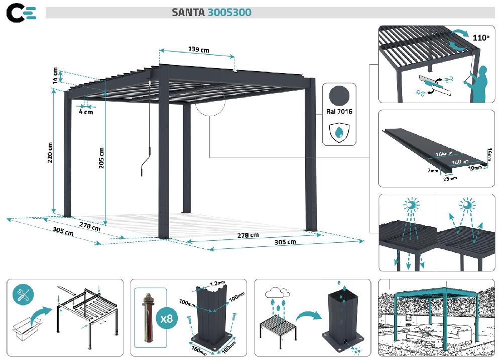 Pérgola Bioclimática De Aluminio SANTA 3m X 3m Gris Antracita