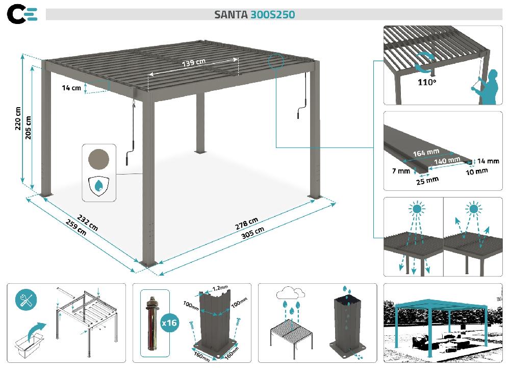 Pérgola Bioclimática SANTA 3x2 5m Aluminio Taupe