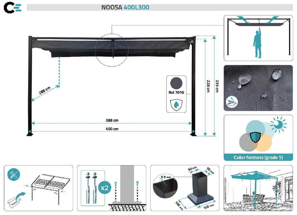 Pérgola/Cenador Adosado NOOSA 4m X 3m Gris Antracita