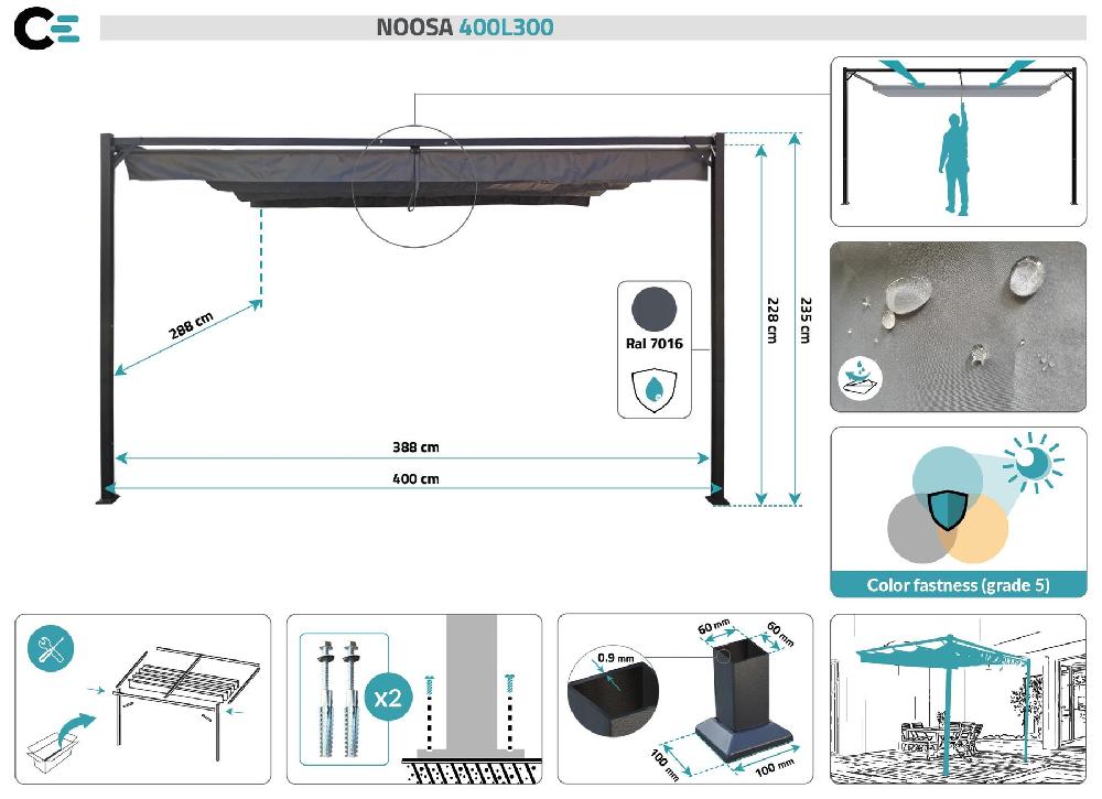 Pérgola/Cenador Adosado NOOSA 4m X 3m Gris Claro