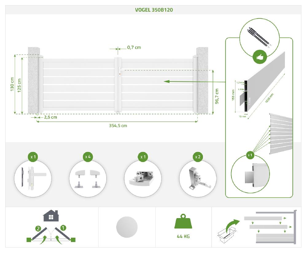 Portón Abatible 3 5m VOGEL H.120cm Aluminio Blanco + Motorización HICKER B200