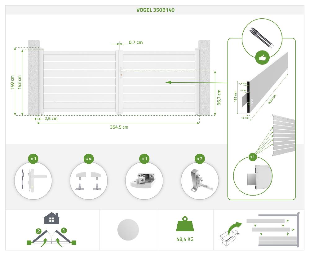 Portón Abatible 3 5m VOGEL H.140cm Aluminio Blanco + Motorización HICKER B200