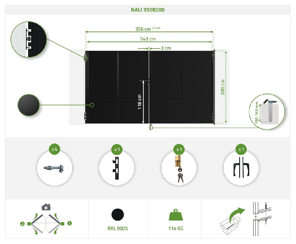 Portón Abatible De Acero 3 5m NALI 350B200 NEGRO MATE