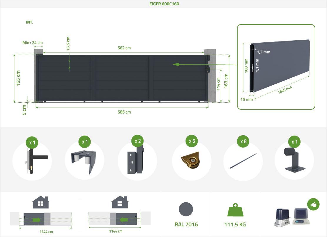 Portón Corredero 6M EIGER H160cm Aluminio + 2 Postes + Motor TANKER C600