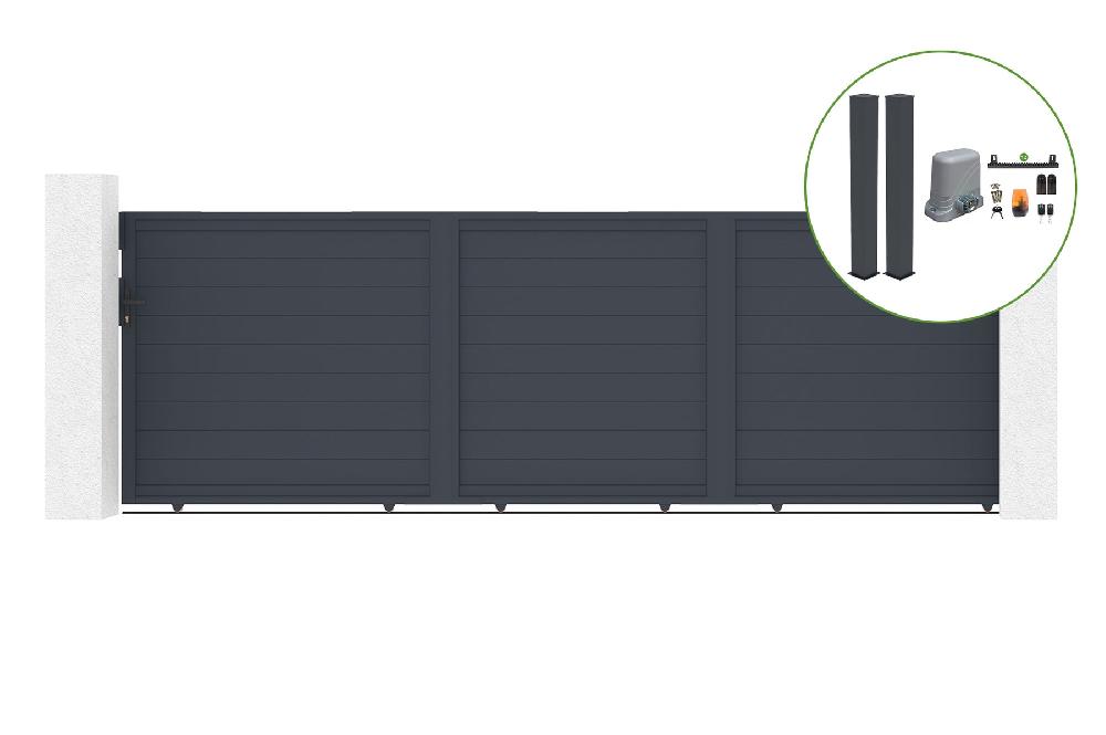 Portón corredero 6M EIGER H160cm aluminio + 2 postes + motor TANKER C600