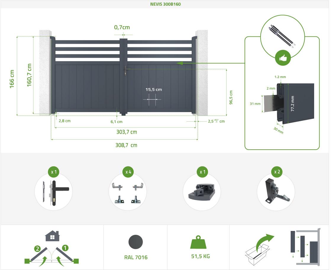 Portón Eléctrico Abatible 3m NEVIS 300B160 GRIS + Motor Con Brazo B500