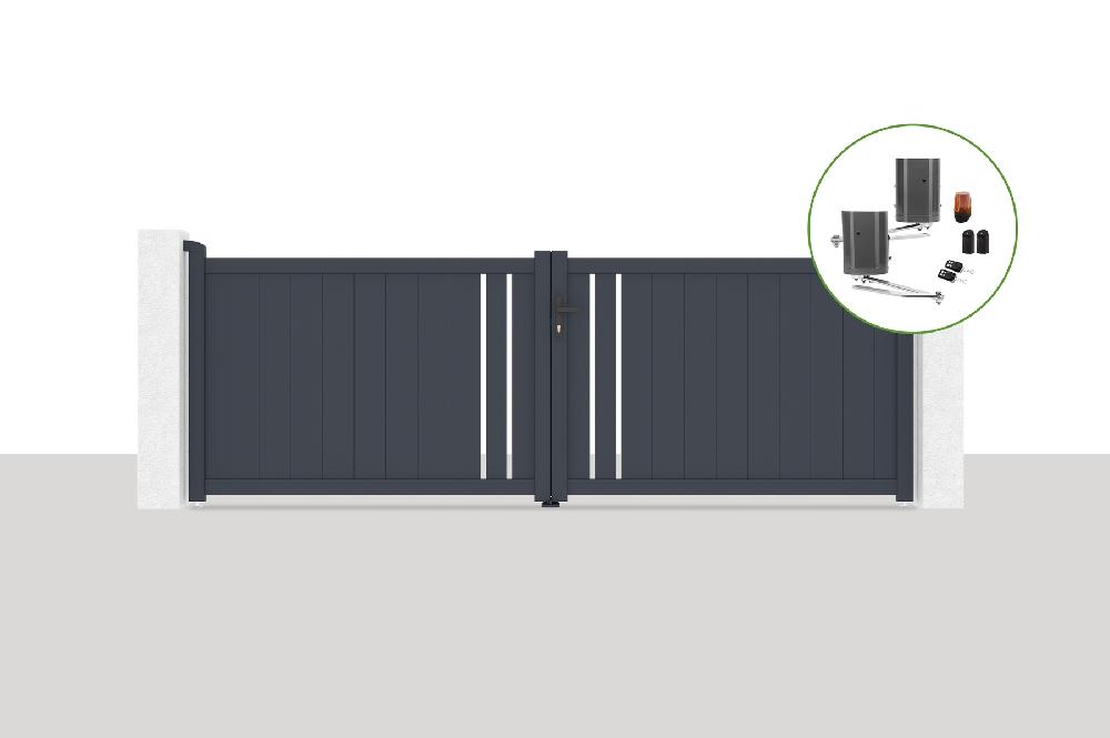 Portón eléctrico batiente 3 5x1 2m GIONA + BUNKER B500 motorización